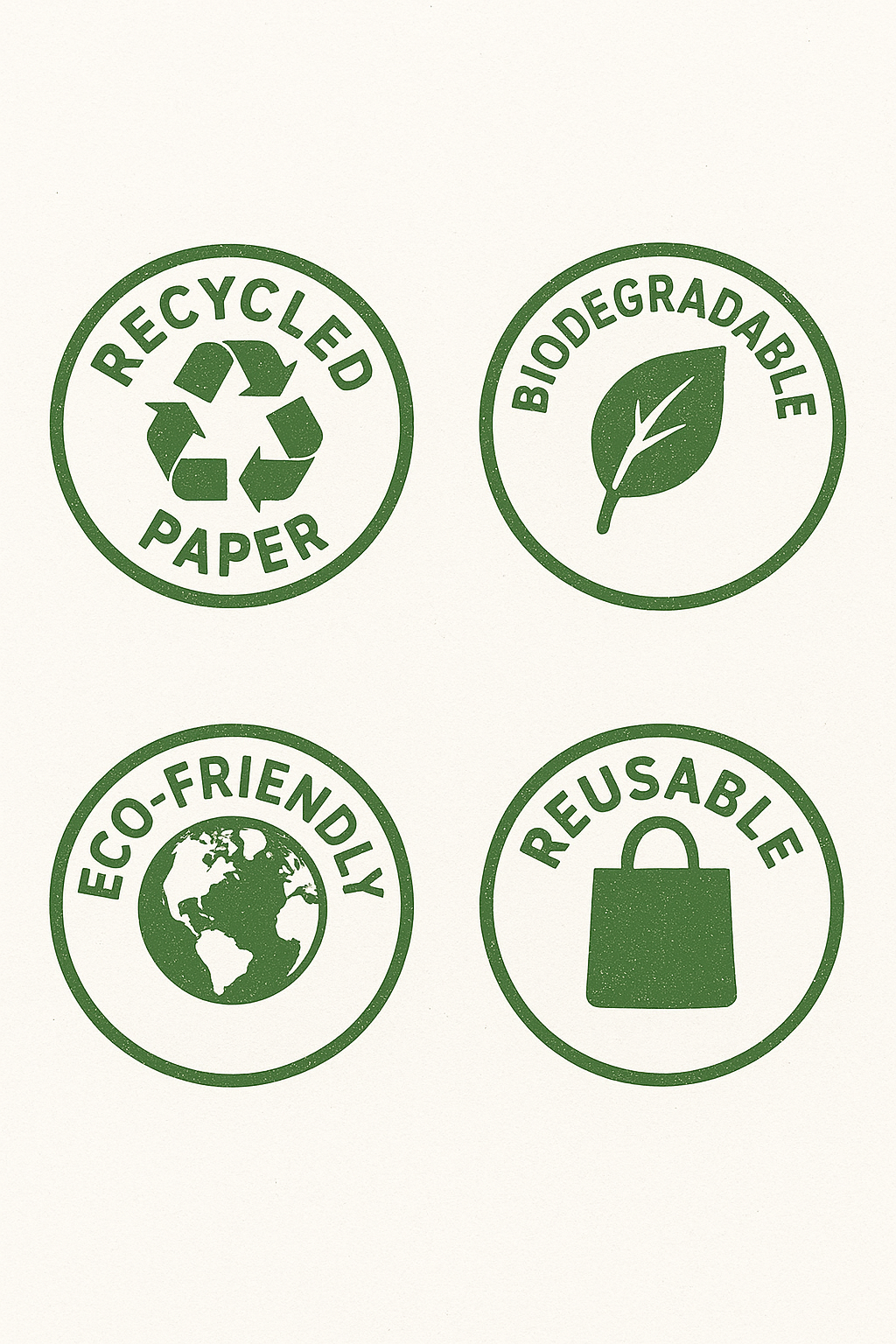 Four green eco-friendly icons on a white background