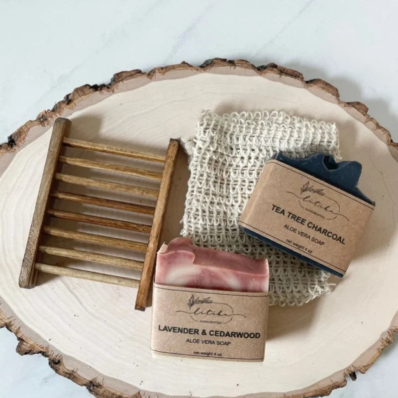 Sustainably Crafted Wooden Soap Dishes + Natural Fiber Pouches - 100% Hand-Finished