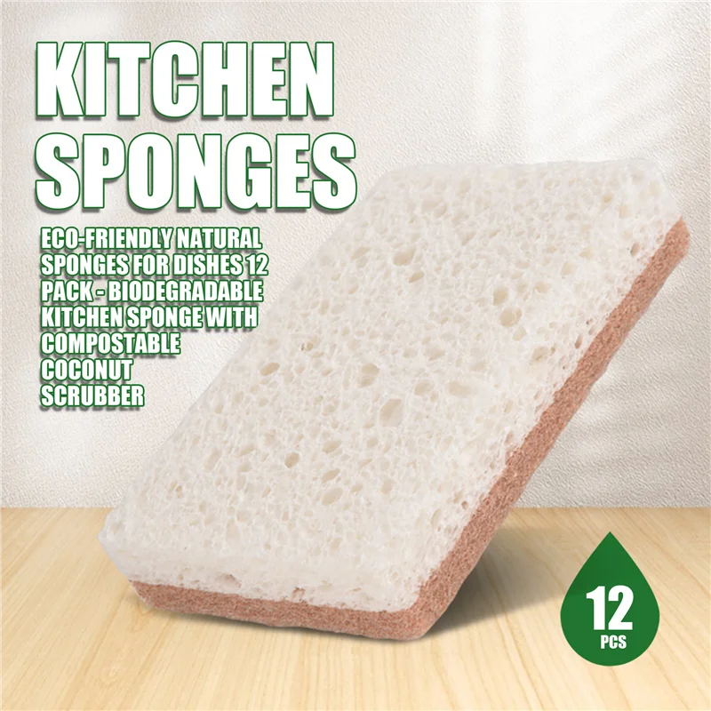 12-Pack Natural Sponges (Dual-Layer Design) - Completely Plastic-Free & Plant-Based