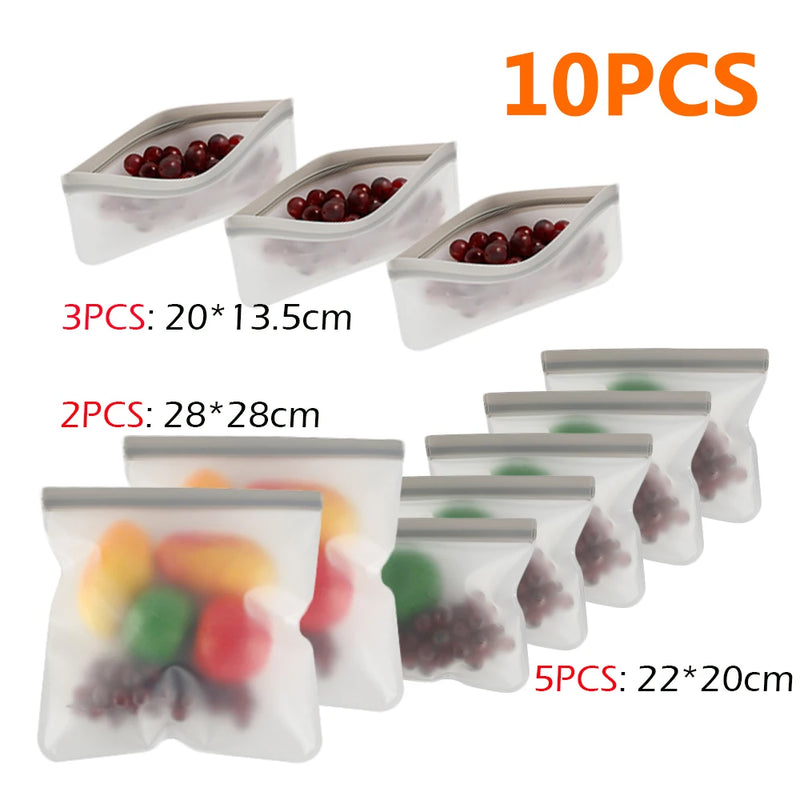 10-Piece Set - Durable Food-Grade Silicone Storage Bags (BPA-Free & Non-Toxic)