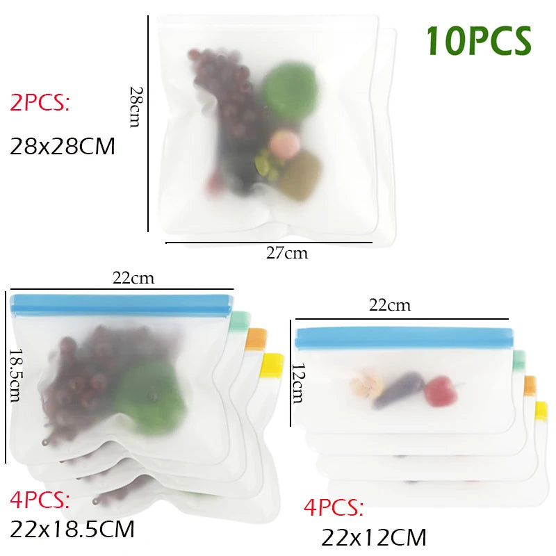 10-Piece Set - Durable Food-Grade Silicone Storage Bags (BPA-Free & Non-Toxic)